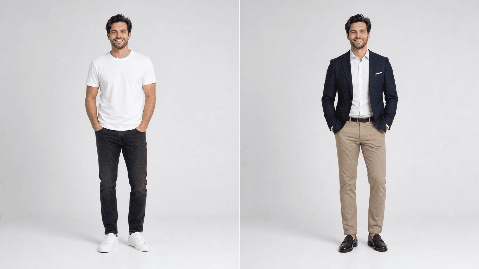 Men's AI clothes changer before and after comparison from T-shirt to blazer outfit