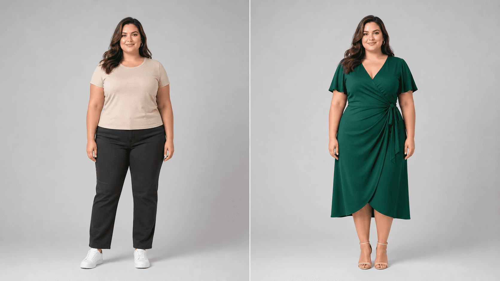 Plus size virtual try-on before and after comparison with realistic green dress drape